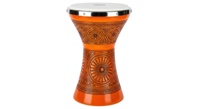 Isolated goblet drum showcases geometric patterns, enhancing cultural sound design