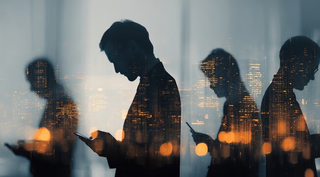 Silhouetted Business Professionals Using Mobile Devices Against Cityscape Background at Dusk