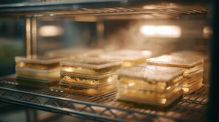 A glowing incubator filled with neatly stacked petri dishes, condensation forming on the inside as bacteria cultures grow overnight &mdash; laboratory incubation system, microbial growth environment, and