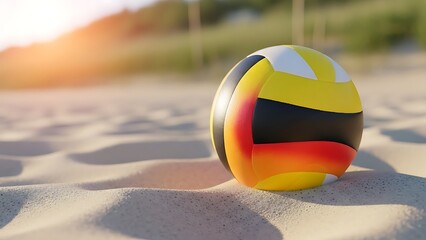 Colorful rugby ball on sandy beach at sunset with soft focus