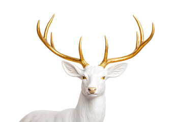 White deer head with elegant golden antlers and amber eyes, isolated on a transparent background
