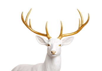 White deer head with elegant golden antlers and amber eyes, isolated on a transparent background