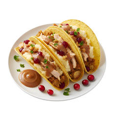 Three Hard Shell Tacos Filled with Thanksgiving Leftovers: Mashed Potatoes, Turkey, Stuffing, and Cranberry Sauce isolated on a transparent background 