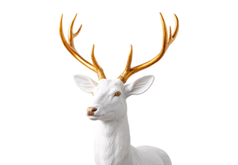 White stag portrait featuring lustrous gold antlers and yellow eyes, isolated on a transparent background