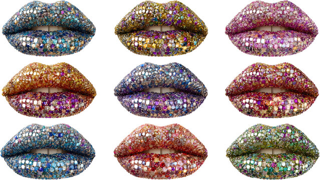 set of colorful lips covered in diamonds