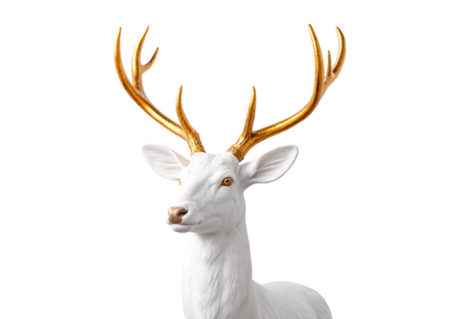 White stag portrait featuring lustrous gold antlers and yellow eyes, isolated on a transparent background