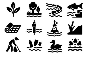 Fototapeta premium River Ecosystem Icons. Solid style icons of River ecosystem restoration: native plant, riparian zone, floating booms, fish ladder,