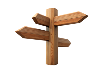 Wooden directional signpost with multiple arrow-shaped boards pointing different ways, isolated on a transparent background