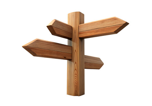 Wooden directional signpost with multiple arrow-shaped boards pointing different ways, isolated on a transparent background