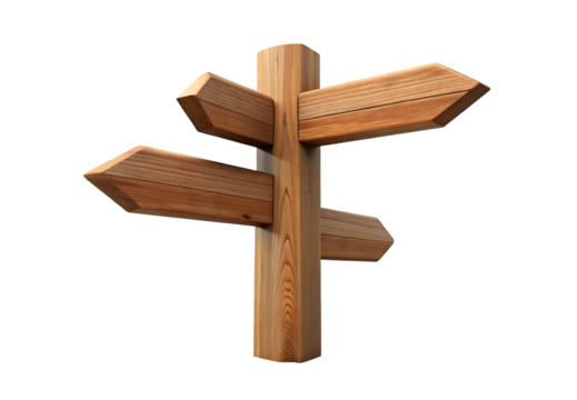 Wooden directional signpost with multiple arrow-shaped boards pointing different ways, isolated on a transparent background