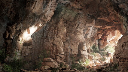 Sunlight streams through openings in the cave, illuminating rugged stone walls and vibrant greenery. The atmosphere feels serene and the air carries a hint of mystery as shadows dance.