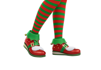 Elf legs wearing red green striped stockings and festive shoes, isolated on a transparent background