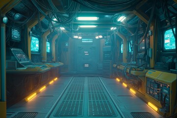 A futuristic scene featuring an empty center surrounded by glowing neon wires and holographic symbols on illuminated panels.
