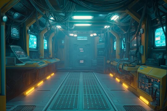 A futuristic scene featuring an empty center surrounded by glowing neon wires and holographic symbols on illuminated panels.