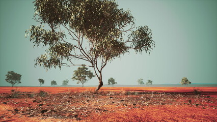 Expansive red earth stretches across the scene, dotted with a lone tree. The backdrop features a serene blue sky, creating a striking contrast that captures the peacefulness of nature.
