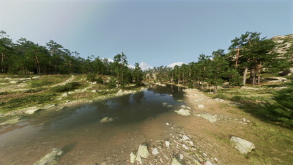 A peaceful river flows through a vibrant green forest, surrounded by trees and mountains. The calm water reflects the clear sky, creating a tranquil scene perfect for nature lovers.