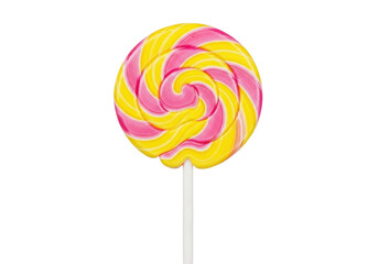Isolated pink and yellow spiral lollipop candy on stick, a sugary sweet confection treat