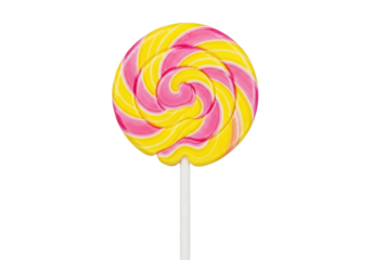 Isolated pink and yellow spiral lollipop candy on stick, a sugary sweet confection treat