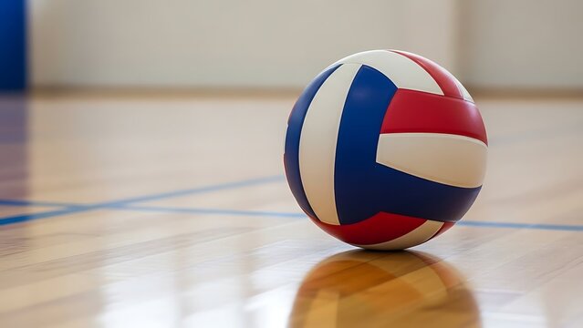 Volleyball standing on a polished wooden court ready for game - Powered by Adobe