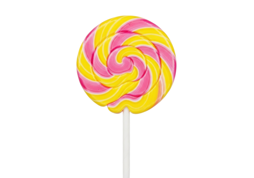 Isolated pink and yellow spiral lollipop candy on stick, a sugary sweet confection treat