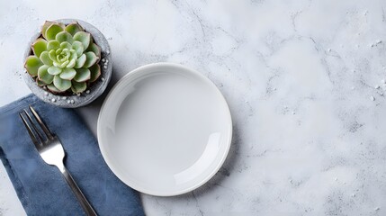 Minimal table setting with empty plate and succulent plant, modern dining concept mockup background in blue tones for restaurant or home design