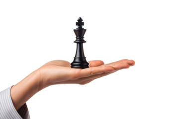 Professional hand presenting black king chess piece in open palm, isolated on a transparent background