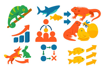 Naklejka premium Evolutionary Pathway Icons. Isometric vector illustration set Apparent purposefulness in organisms: adaptations and functional