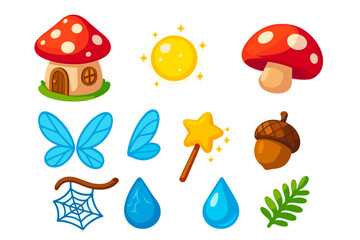 Naklejka premium Mythical Forest Icons. Isometric vector illustration set Mythology and folklore – toadstool house, fairy light orb, mushroom cap;
