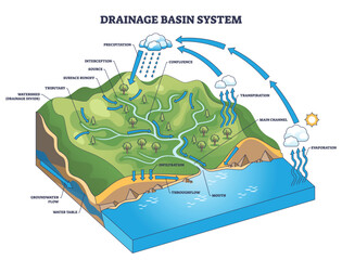 Drainage basin system diagram visualizes water flow from precipitation to the river mouth, with tributaries, main channel, and confluence illustrating runoff and infiltration. Outline diagram