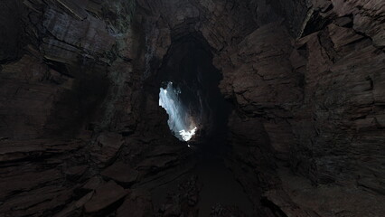 A vast cave reveals rugged stone walls illuminated by natural light streaming through an opening. Shadows dance across the rocky surface, creating an enchanting atmosphere as explorers venture deeper.