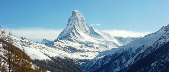 Snow-covered mountain peak under clear blue winter sky.
