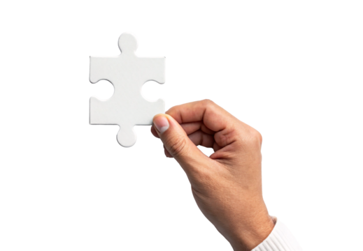 Hand presenting single white puzzle piece in vertical orientation, isolated on a transparent background