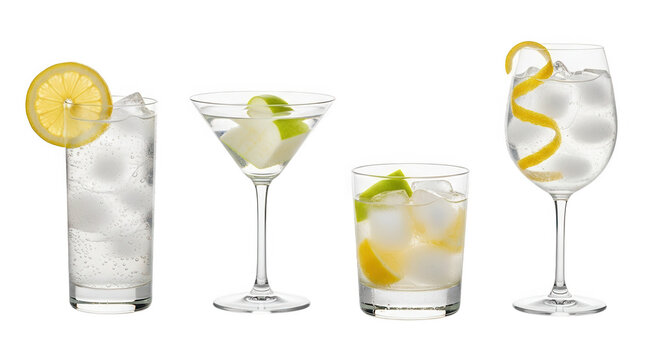 Four different gin and tonic cocktails isolated on transparent background