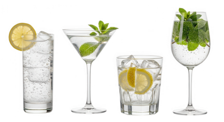 Four clear cocktail drinks with lemon and mint isolated on transparent background