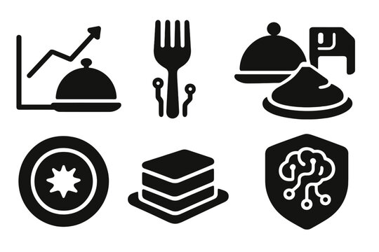 Culinary Icons Revolution. Solid style icons of culinary trend visuals: gourmet trend chart, futuristic fork, plated pixel icon.