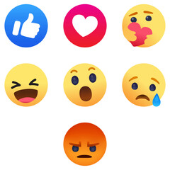 “Colorful emoji reaction icon set including like, love, wow, laugh, sad and angry faces for social media apps, chats and digital communication”