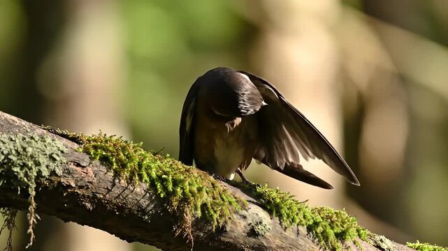 Bird Perched on Branch in Nature with Green Background.