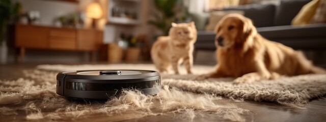Obraz na płótnie Canvas Modern robotic vacuum cleaner operating in home with pets on a cozy carpet in living room