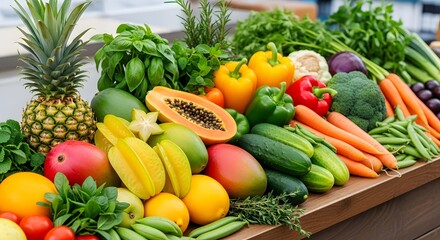 Abundant harvest of fresh produce, a rainbow of colorful fruits and vegetables for healthy eating and wellness