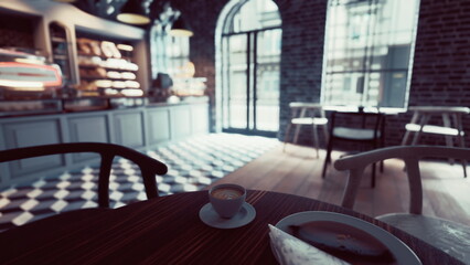 Morning light streams into a chic cafe where a small cup of coffee sits on a wooden table next to a flaky pastry. Patrons enjoy a relaxed atmosphere filled with baked goods.