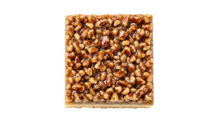 Isolated toffee nut bar treat made with nuts set in toffee on shortbread crust dessert