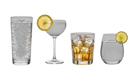 Four different cocktail glasses isolated on transparent background