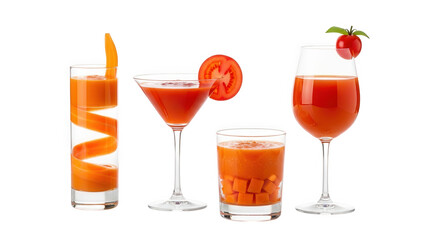 Four different tomato juice drinks in various glasses isolated on transparent background