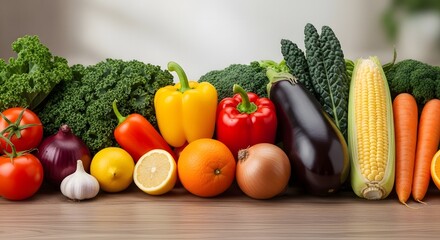 A colorful and fresh assortment of healthy fruits and vegetables, beautifully arranged to promote nutritious eating and a vibrant, plant-based lifestyle