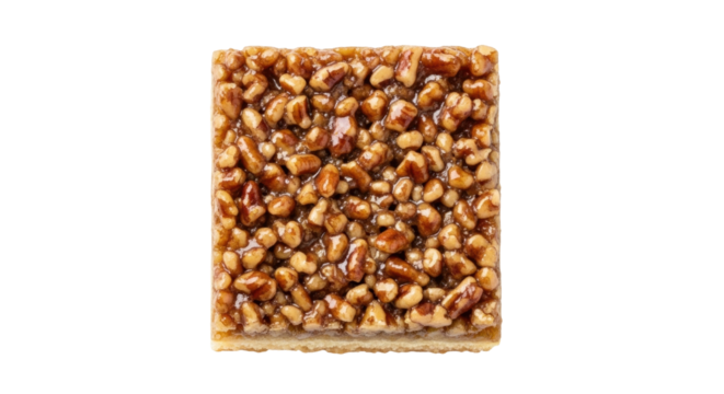 Isolated toffee nut bar treat made with nuts set in toffee on shortbread crust dessert