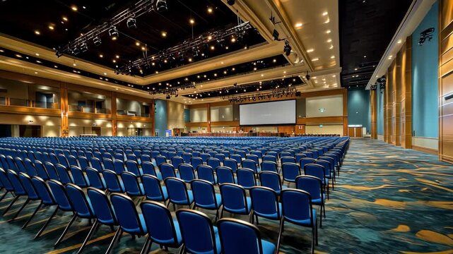 A spacious modern conference hall with empty blue chairs arranged neatly.
