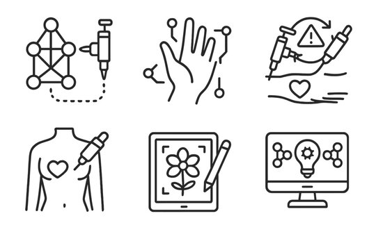 AI Tattoo Training Icons. Line style icons of AI training for tattoo bots: machine learning tattoo set, hand motion dataset, error