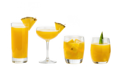 Four different pineapple cocktail drinks isolated on transparent background