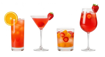 Four different red and orange cocktail drinks isolated on transparent background