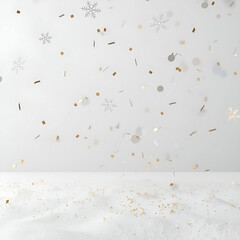 Minimal Christmas background with delicate floating ornaments, soft glowing light.